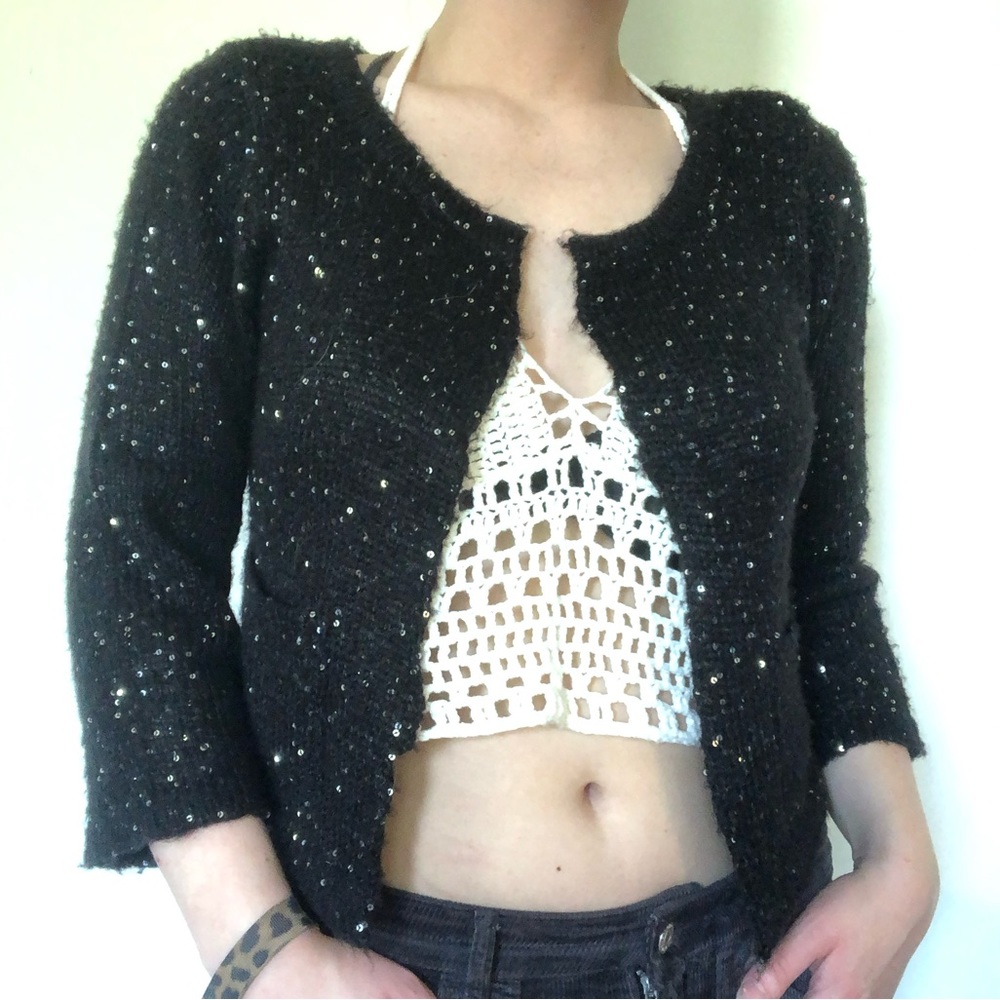Tulle Sparkly Black Cardigan with Micro sequins